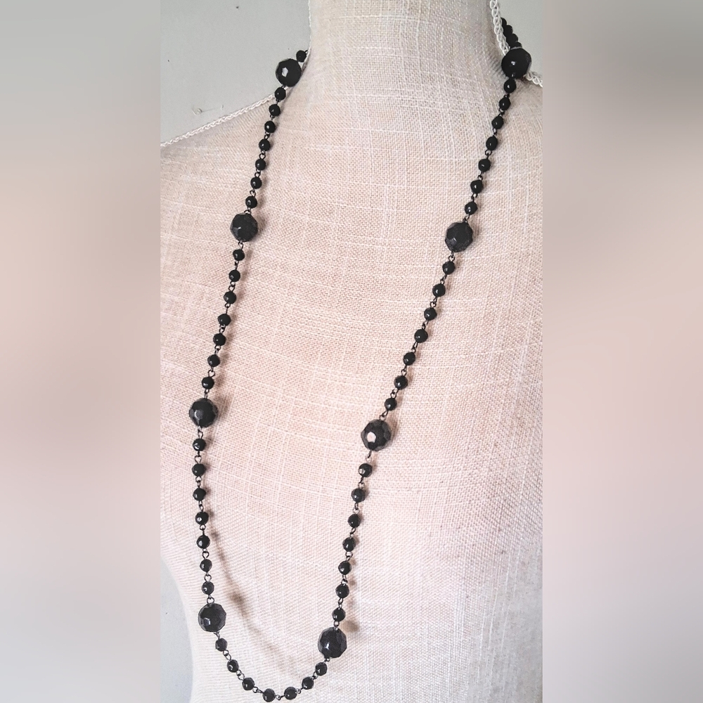 Vintage, Art Deco, Crystal Jet Black Faceted Beaded Necklace